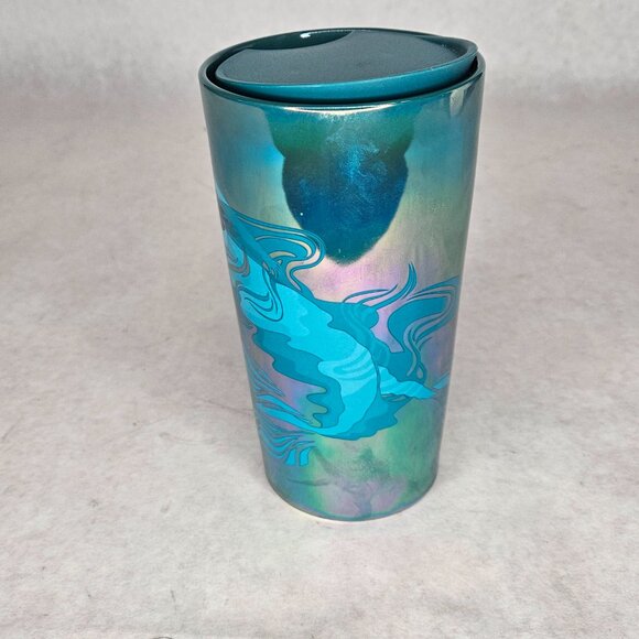 Starbucks Blue Green Siren Logo Iridescent Mermaid Ceramic Coffee Cup with Lid - Picture 2 of 8